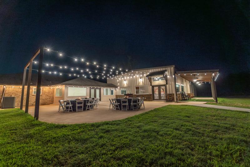 Patio and outdoor seating at night