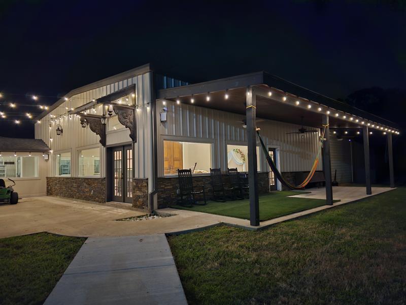 Venue exterior lit up at night